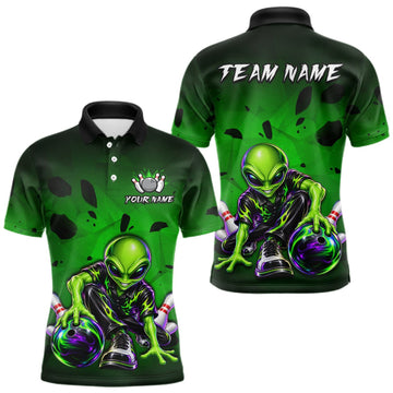 Maxcorners Custom Green Alien Bowling Shirt for Men Funny Bowling Team Jersey Polo & 1/4-Zip LM1910