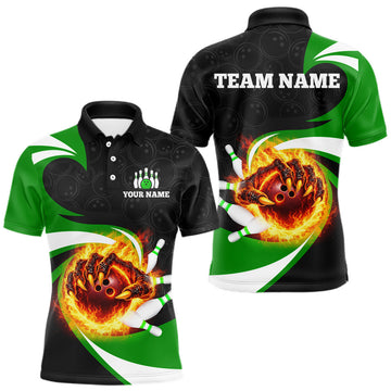 Maxcorners Personalized Green Flame Demon Hand Bowling Shirt for Men Bowling Outfit Polo & Quarter-Zip Bowling Jersey