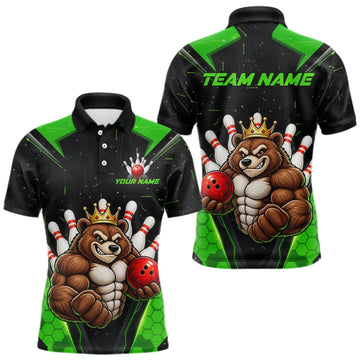 Maxcorners Custom Green Funny Bear Bowling Shirt for Men Bowling Team Jersey Bowler Gift LM2709