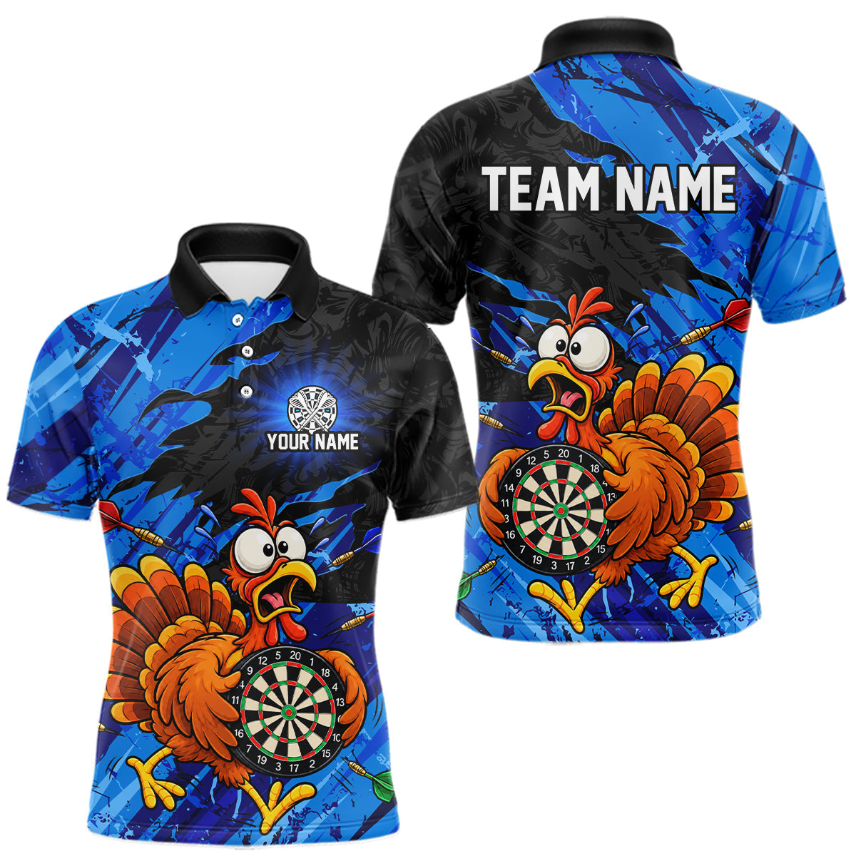 Maxcorners Custom Blue Funny Chicken Darts Shirt for Men Dartboard Dart Team Jersey Polo & Quarter-Zip