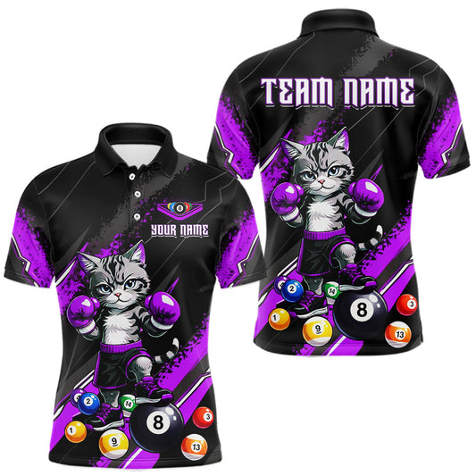 Maxcorners Custom Funny Purple Cat 8 Ball Billiard Shirts for Men Billiard Team Jersey Polo & 1/4 Zip Pool Shirt LM1705