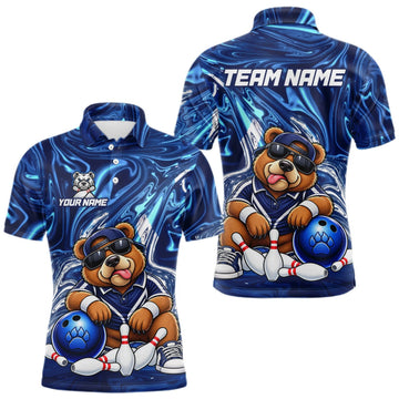 Maxcorners Custom Funny Bear Bowling Shirt for Men Blue Bowling Jersey Polo & 1/4-Zip LM2709