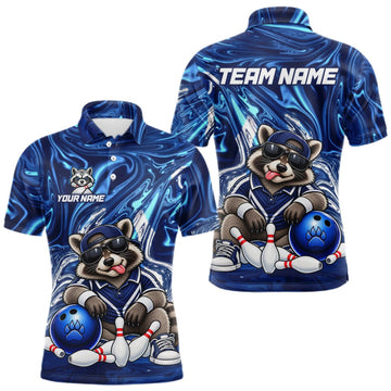 Maxcorners Custom Funny Raccoon Bowling Shirt for Men Blue Bowling Jersey Polo & 1/4-Zip LM2709