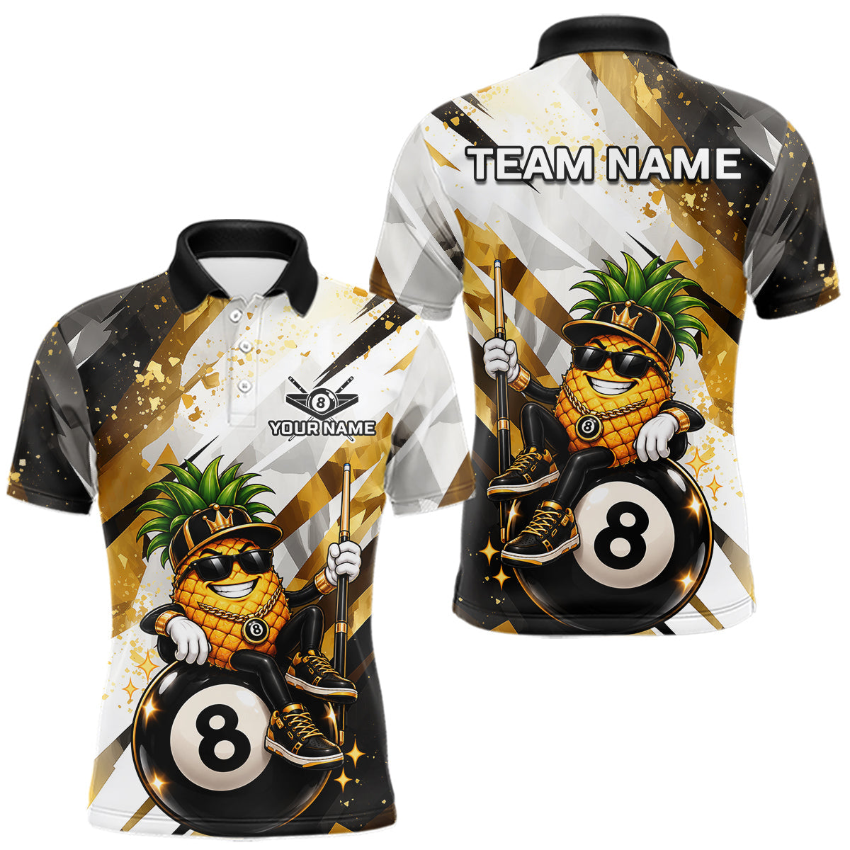 Maxcorners Custom Funny Pineapple 8 Ball Billiard Team Shirt for Men Billiard Pool Jersey Polo & 1/4-Zip