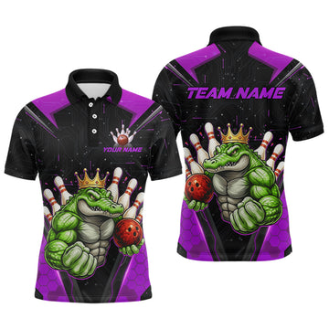 Maxcorners Custom Funny Purple Crocodile Bowling Shirt Alligator Bowling Jersey for Men Polo & 1/4 Zip