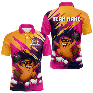 Maxcorners Pink and Yellow Funny Beaver Bowling League Shirt for Men Custom Bowling Jersey Polo & 1/4 Zip LM2806