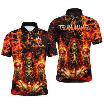 Maxcorners Custom Flame Skeleton Bowling Shirt for Men Bowling Jersey Polo & Quarter-Zip Bowling Outfit LM1705