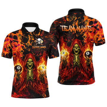 Maxcorners Custom Flame Skeleton 8 Ball 9 Ball Billiard Shirt for Men Pool Shirt Billiard Jersey