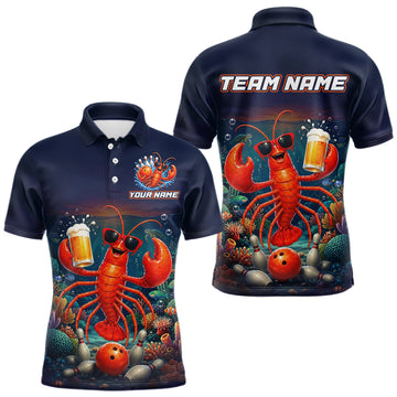 Maxcorners Custom Funny Lobster & Beer Bowling Shirt for Men Sea Bowling League Jersey Polo & 1/4-Zip LM0106