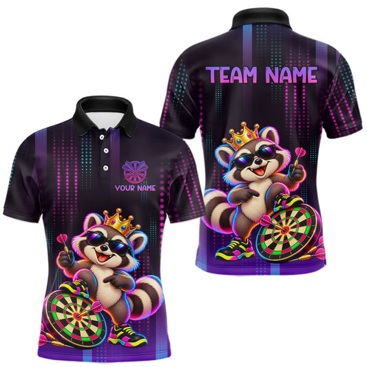 Maxcorners Custom Funny Raccoon Darts Shirt for Men Neon Crown Dart League Jersey Polo & Quarter-Zip LM0510