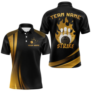 Maxcorners Black & Gold Bowling Shirt for Men Custom Strike Flames Bowling Team Jersey Polo & Quarter-Zip LM0409
