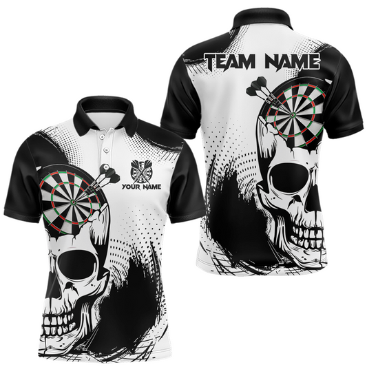 Maxcorners Personalized Skull Dart Shirts for Men Custom Black & White Dart Jersey Polo & Quarter-Zip Dartboard Shirt