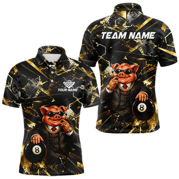 Maxcorners Custom Black & Gold Billiard Shirt Funny Pig 8 Ball Pool Team Jersey for Men Polo & 1/4 Zip LM1508