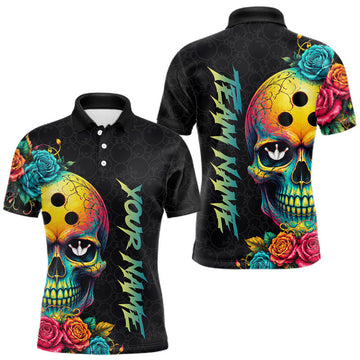 Maxcorners Funny Sugar Skull Bowling Shirt for Men Custom Bowling Jersey Polo & Quarter-Zip