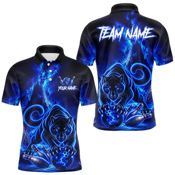 Maxcorners Custom Neon Blue Panther Bowling Shirt for Men Cool Bowling Jersey Bowling Outfit