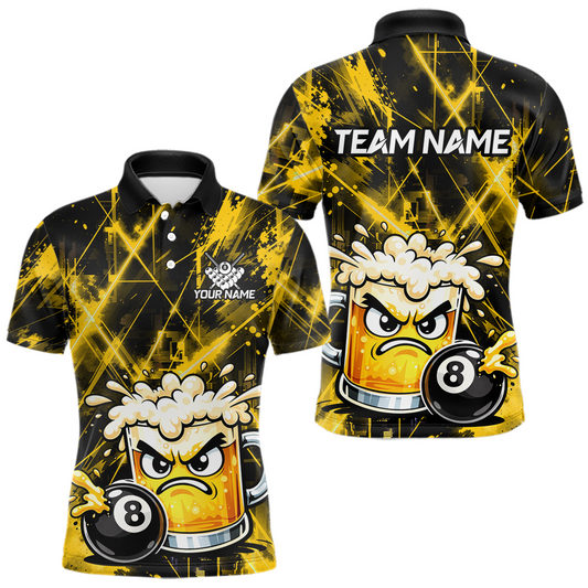 Maxcorners Custom Yellow Funny Beer Billiard Shirt for Men Billiard Jersey 8 Ball Pool Shirt Outfit