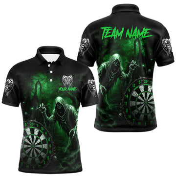 Maxcorners Custom Green Dart Polo Shirt for Men Grim Reaper Throwing Darts Dark Gothic Dart Jersey LM1508