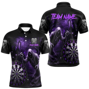 Maxcorners Custom Purple Dart Polo Shirt for Men Grim Reaper Throwing Darts Dark Gothic Dart Jersey LM1508