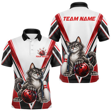 Maxcorners Custom Black Red White Bowling Shirt for Men Funny Cat Bowling Team Jersey Polo & 1/4-Zip LM1910