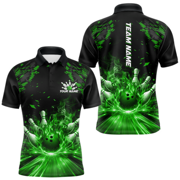 Maxcorners Custom Green Flame Bowling Team Shirt for Men Polo & 1/4-Zip Bowling Jersey Bowling League Uniform LM1501