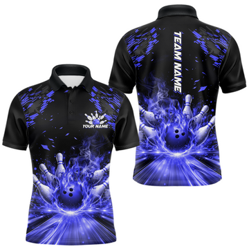 Maxcorners Custom Blue Flame Bowling Team Shirt for Men Polo & 1/4-Zip Bowling Jersey Bowling League Uniform LM1501