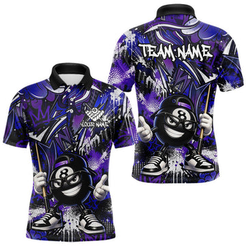 Maxcorners Funny Blue & Purple 8 Ball and Cue Billiards Shirt for Men Custom Pool Team Jersey Billiard Player Gift