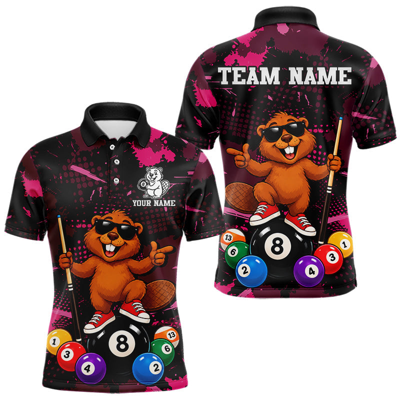 Maxcorners Custom Pink Funny Beaver Billiard Shirt for Men 8 Ball Billiard League Jersey Polo & 1/4-Zip