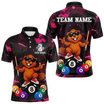 Maxcorners Custom Pink Funny Beaver Billiard Shirt for Men 8 Ball Billiard League Jersey Polo & 1/4-Zip