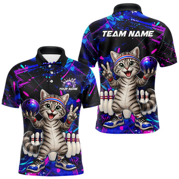Maxcorners Custom Neon Funny Cat Bowling Team Shirt for Men Bowling Jersey Polo & Quarter Zip Bowling Outfit