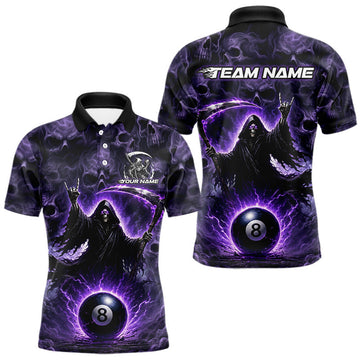 Maxcorners Purple Grim Reaper 8 Ball Billiards Shirt for Men Custom Pool Jersey League Billiard Player Gift LM2306
