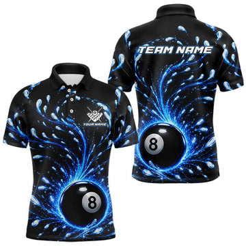 Maxcorners Blue Water 8 Ball Billiard Team Shirt for Men Custom Pool Jersey League Polo & 1/4 Zip Billiard Gift