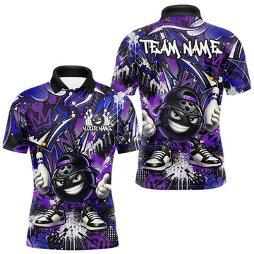 Maxcorners Custom Purple Blue Graffiti Funny Bowling Mascot Shirt for Men Polo & 1/4 Zip for Bowling Team LM2405