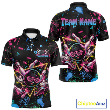 Maxcorners Custom Retro Neon Bowling Shirt for Men, Funny Bowling Ball 80s Synthwave Team Jersey