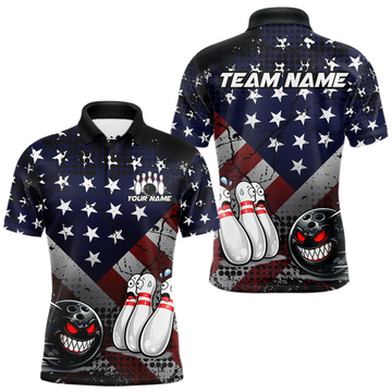 Maxcorners Custom American Flag Funny Bowling Team Shirt for Men Polo & Quarter-Zip Bowling Jersey Blue Red White LM2603
