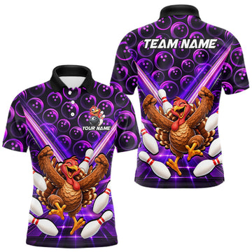Maxcorners Custom Thanksgiving Bowling Shirt for Men Purple Funny Turkey Bowling Jersey