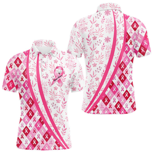 Maxcorners Pink Plaid Mens Golf Polo Shirt Custom Pink Ribbon Breast Cancer Awareness Team Golf Tops, Golf Gift LM2901