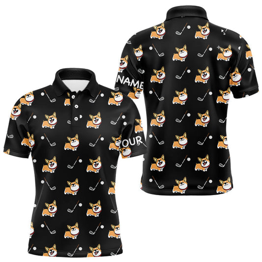 Maxcorners Black Mens Golf Polo Shirt Custom Cute Dogs Corgi Print Golf Shirts For Men, Dog Lover Gift