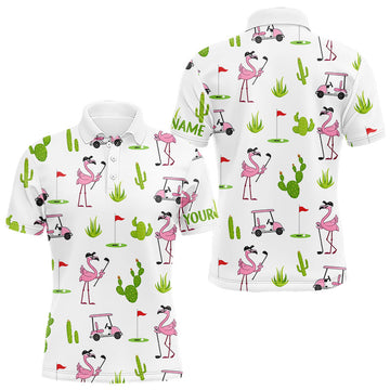 Maxcorners Flamingo Cactus Desert Pattern Mens Golf Polo Shirts Custom Cactus Golf Shirt Personalized