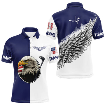 Maxcorners American Flag Eagle Mens Golf Polo Shirts Custom Patriotic Eagle Blue & White Golf Attire For Men