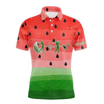 Maxcorners Watermelon Polo Shirt For Women Men, Heartbeat Couple Matching Golf Polo Shirt Custom Valentines Outfit