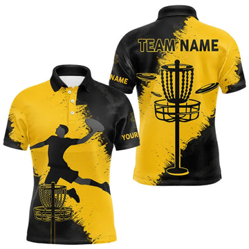Maxcorners Mens Disc Golf Polo Shirt Custom Name Black And Yellow Disc Golf Basket Personalized Disc Golf Shirts LM0901