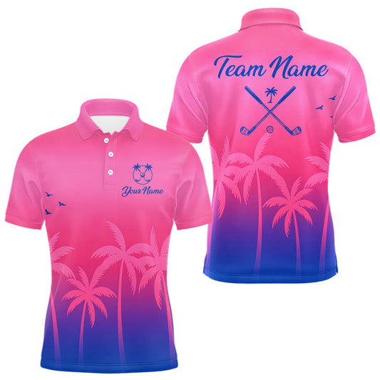 Maxcorners Mens Golf Polo Shirt Custom Pink Blue Palm Pattern Team Golf Tops For Men, Summer Golf Gifts LM2901