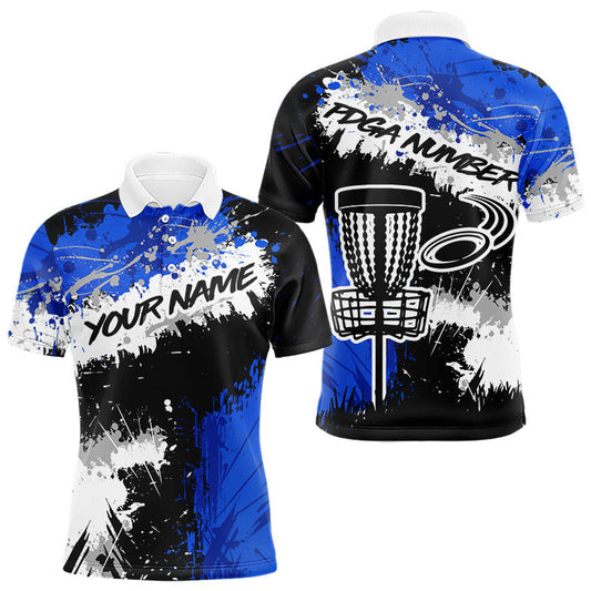 Maxcorners Mens Disc Golf Polo Shirt Custom Name Number Blue Disc Golf Basket Personalized Disc Golf Shirts