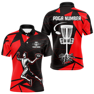 Maxcorners Mens Disc Golf Polo Shirt Custom Name Black And Red Disc Golf Basket Golf Shirts Personalized