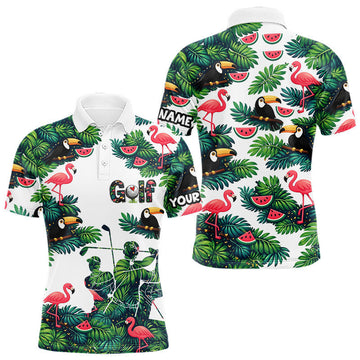 Maxcorners Funny Mens Golf Polo Shirt Custom Floral Tropical Leaf Pattern Flamingo Golf Shirt For Men