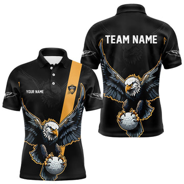 Maxcorners Eagle Mens Golf Polo Shirts Custom Golf Attire For Men, Black And Yellow Team Golf Top Personalized