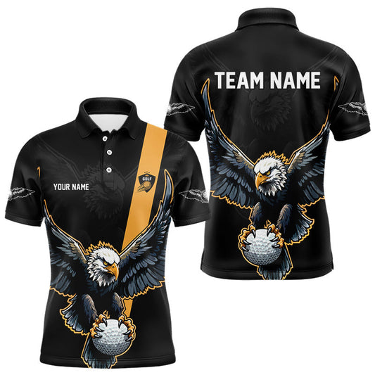 Maxcorners Eagle Mens Golf Polo Shirts Custom Golf Attire For Men, Black And Yellow Team Golf Top Personalized