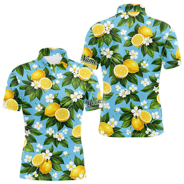 Maxcorners Funny Mens Golf Polo Shirts Custom Blue Lemon Tree Pattern Golf Top For Men, Golf Gifts LM1104