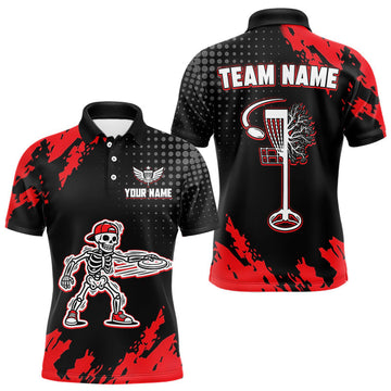 Maxcorners Skull Mens Disc Golf Polo Shirt Custom Name Black And Red Disc Golf Basket Personalized Golf Shirts LM0901
