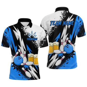 Maxcorners Custom Blue Beer Bowling Jersey for Men Bowling Team Shirts Bowling League Polo & 1/4 Zip LM1508